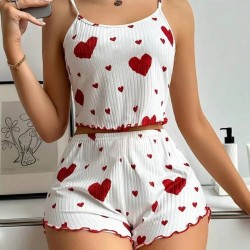 Pyjama Femme 2 Pièces Débardeur et Short Cœur - ROUGE