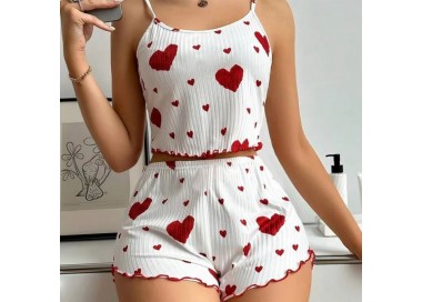 Pyjama Femme 2 Pièces Débardeur et Short Cœur - ROUGE