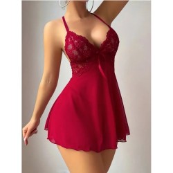Nuisette dentelle Satin - ROUGE