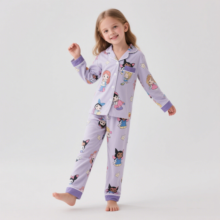 💜 Pyjama à manches longues pour fille – Ensemble violet fantaisie