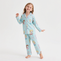 💙 Pyjama à manches longues pour fille – Ensemble bleu ciel à motifs princesse