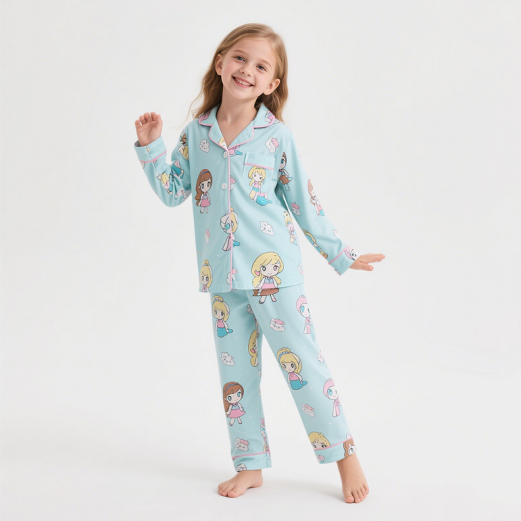 💙 Pyjama à manches longues pour fille – Ensemble bleu ciel à motifs princesse
