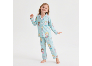 💙 Pyjama à manches longues pour fille – Ensemble bleu ciel à motifs princesse