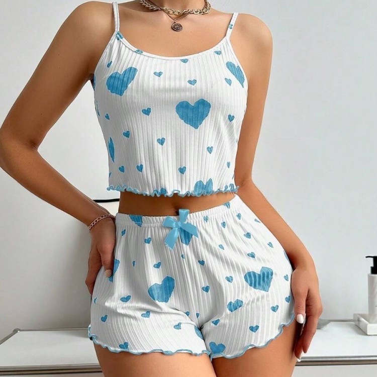 Pyjama Femme 2 Pièces Débardeur et Short Cœur - BLEU