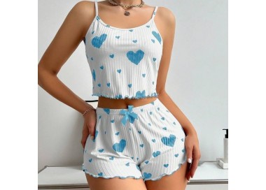 Pyjama Femme 2 Pièces Débardeur et Short Cœur - BLEU