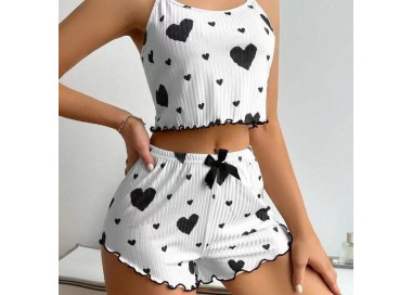 Pyjama Femme 2 Pièces Débardeur et Short Cœur - NOIR