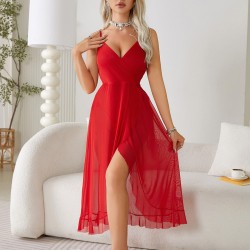 Chemise de nuit sexy à col en V pour femme rouge