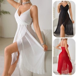 Chemise de nuit sexy à col en V pour femme blanc
